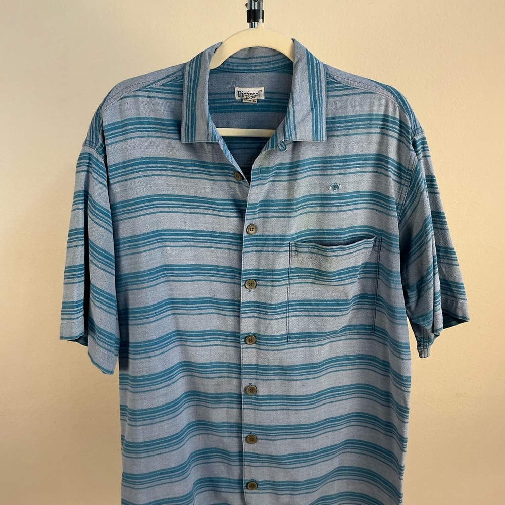 Vintage Men's Blue and Gray Striped Button-Down Shirt